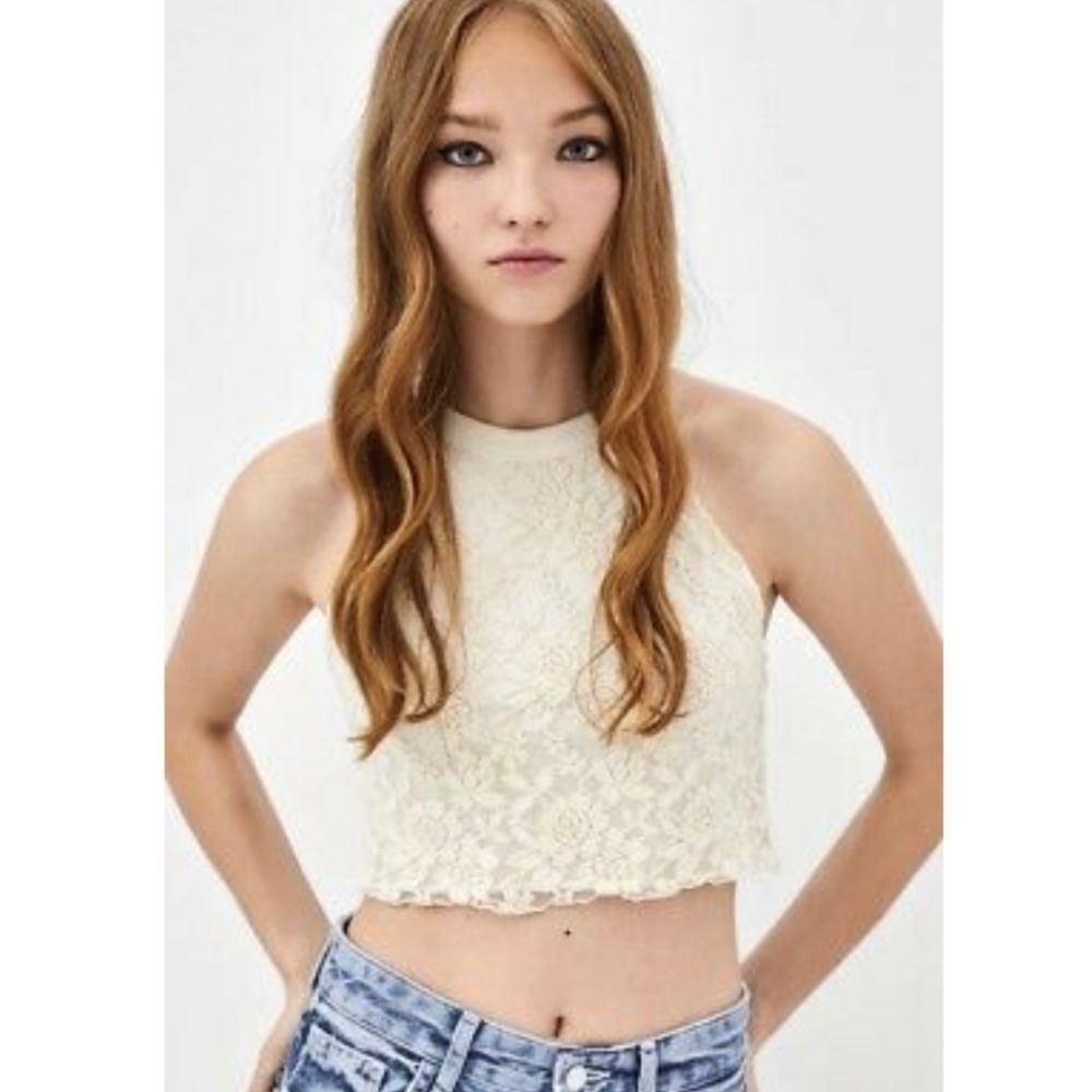Zara Trafaluc Cream Lace Halter Neck Crop Top Women's Large
